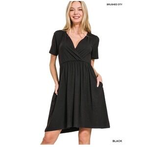 Zenana Black‎ Brushed DTY Surplice Dress with Pockets